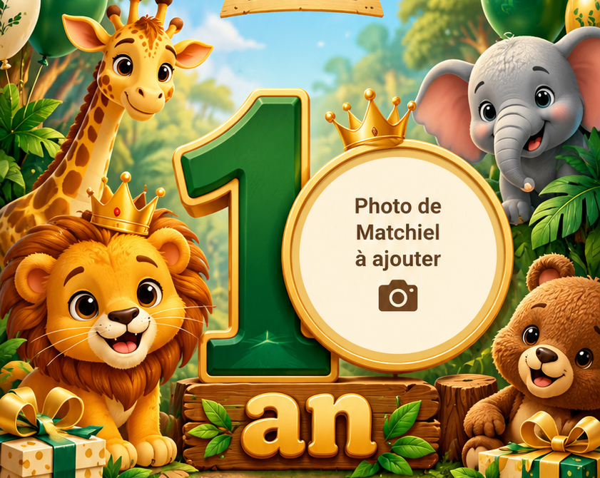 Décor safari avec un grand 1 et un emplacement réservé à la photo de Matchiel